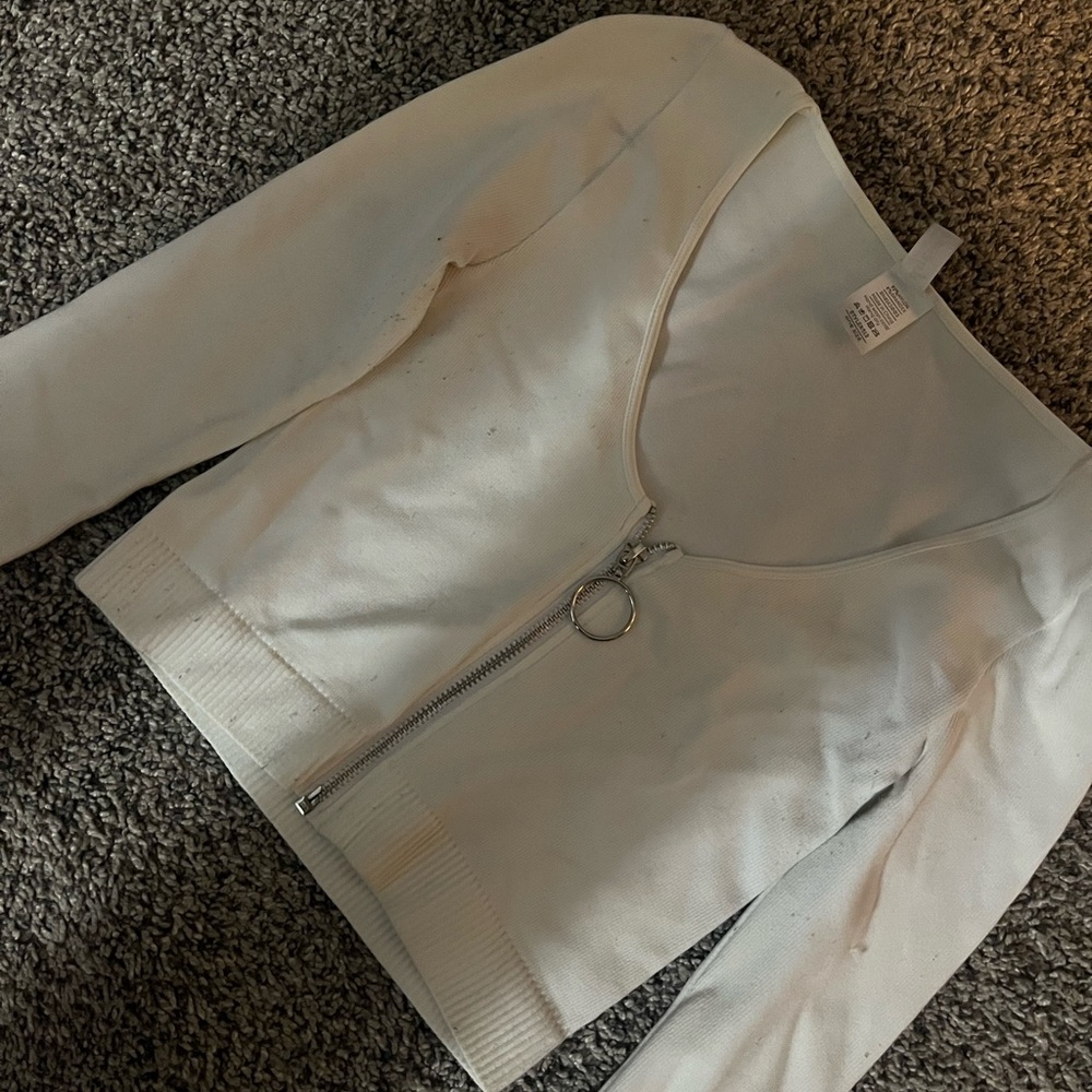 White Cropped Plush Crop Top with High Collar